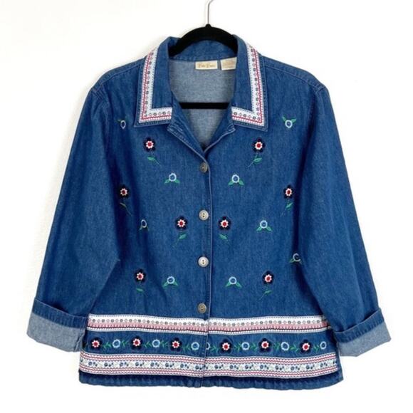 Vintage 80s 90s Bobbie Brooks Embroidered Floral Jean Jacket Shacket Medium - Picture 1 of 8
